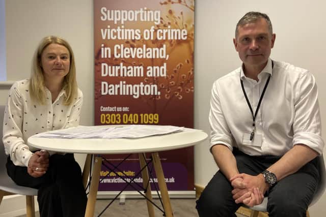 Photo issued by Safer Communities' Victim Care and Advice Service (VCAS) of Claire Herron who faced thousands of pounds of fines after she had her number plate cloned, meeting Dave Mead of the VCAS. Issue date: Thursday August 12, 2021.