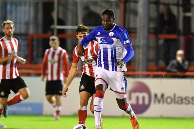 Emmanuel Dieseruvwe, pictured during the recent match at Altrincham, came close to hauling Pools back into the game during the defeat to Solihull Moors.
