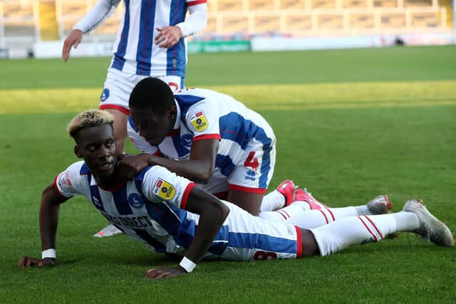 Mikael Ndjoli missed Hartlepool United's draw with Colchester United due to a hamstring injury. (Credit: Mark Fletcher | MI News)