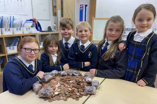 Hart Primary School pupils from left: Saoirse, Reme, Charles, Joshua, Alice and Emily with a collection of 2p coins collected for charity.