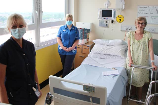 Left to right – Carol Bowler (falls lead nurse) and nurse practitioner Stephanie Fishburn with Sue Race.