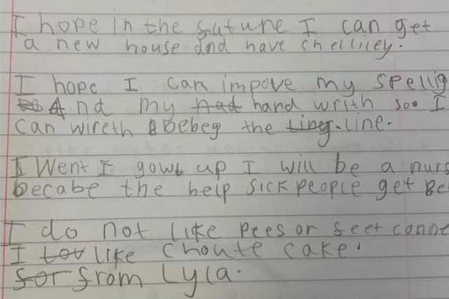 Lyla's letter which tells of her hope that she can become a nurse one day.