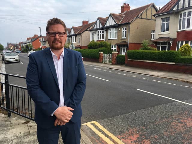 Burn Valley ward councillor Jonathan Brash in Park Road, Hartlepool, where a lollipop woman was injured after being involved in a collision with a car.