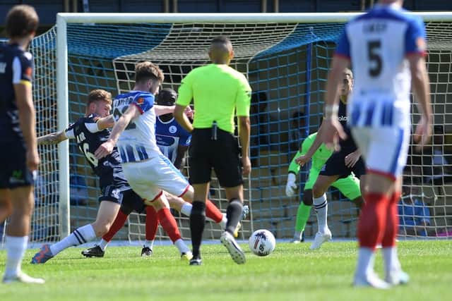 Tom Crawford scored Hartlepool United's first goal of the afternoon against Southend United at Roots Hall. Picture by FRANK REID