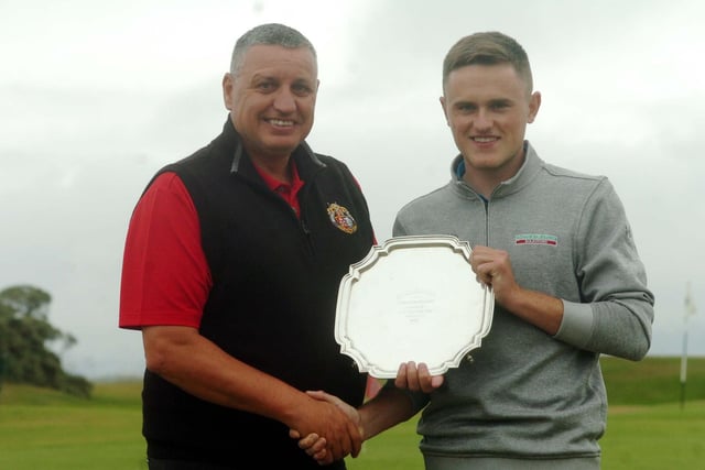 Seaton Carew Golf Club captain, Dennis Orley, presents Cameron Wallace with the Seaton Salver trophy in 2017.