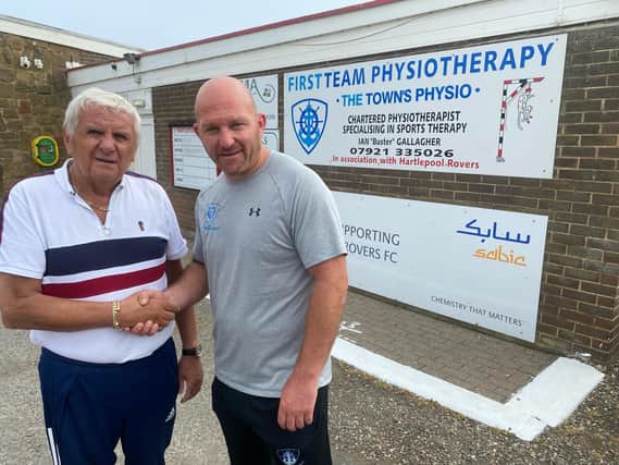 Hartlepool Sunday League secretary John Cooper with First Team Physiotherapy's Ian 'Buster' Gallagher.