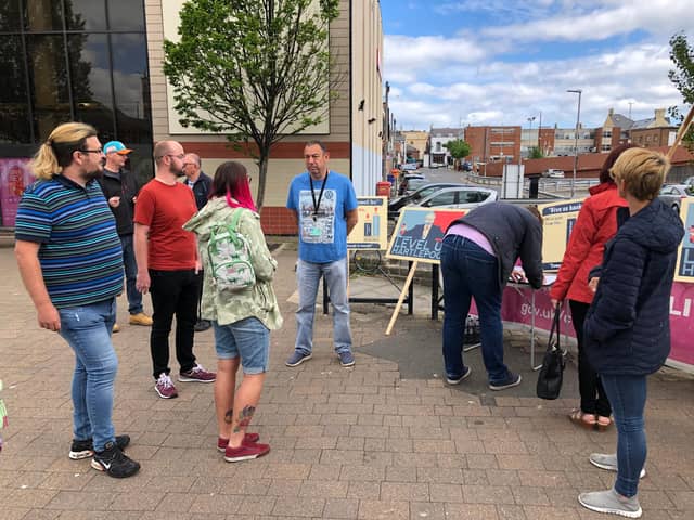 Councillor Paddy Brown (centre) chats to Labour councillors during the petition event in Hartlepool town centre on Saturday.