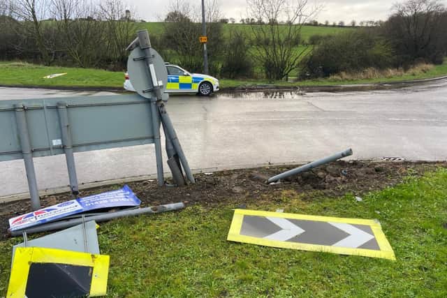 The sign on the roundabout which connected Front Street with the A179 was knocked down.
