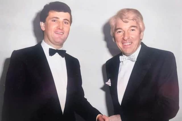 From left, Paul Gough and Tom O'Connor during the latter's appearance at a variety night in Hartlepool in 1988.