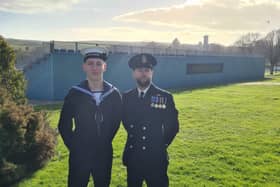 Chief Petty Officer Graham Hunter (right) and his son, Engineering Technician, George Billy Hunter at George's passing out parade from H.M.S Raleigh.