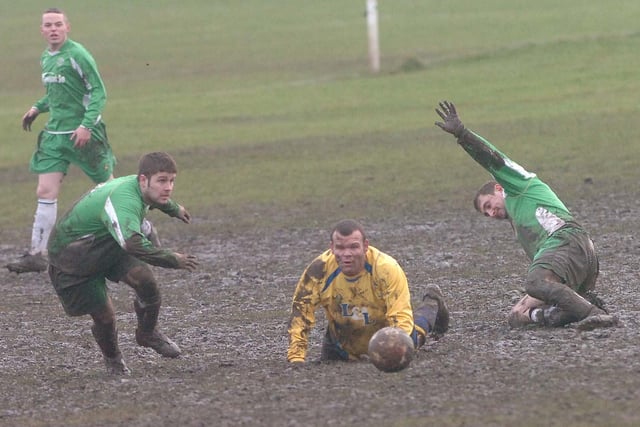 Land P Joinery taking on The Greensides in green shirts in a game at the Rift House Rec 14 years ago.