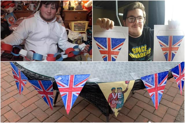 Two Catcote Academy students with some of the VE Day decorations.