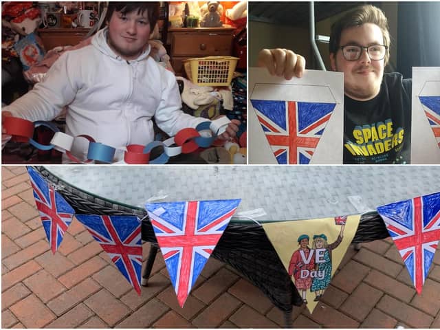 Two Catcote Academy students with some of the VE Day decorations.