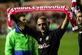 Massimo Maccarone of Middlesbrough celebrates his team's victory at the end of the UEFA Cup Semi Final against Steaua Bucharest.