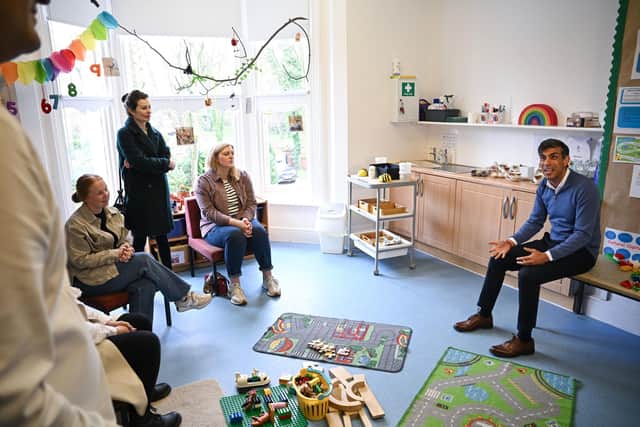 The Prime Minister speaking to parents in Hartlepool about the Government's new childcare policy. Photo: Paul Ellis/PA Wire