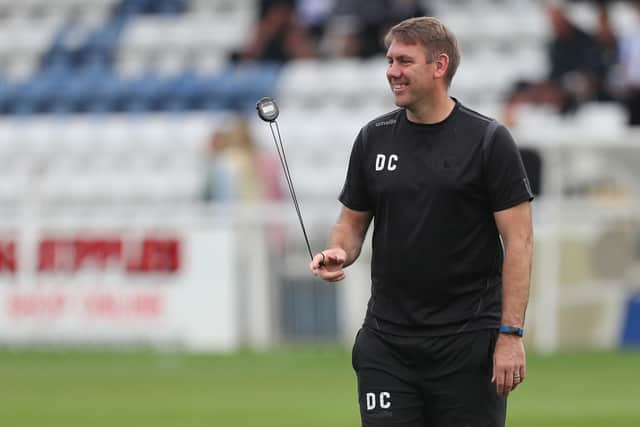 Hartlepool United manager Dave Challinor  during the Sky Bet League 2 match between Hartlepool United and Exeter City at Victoria Park, Hartlepool on Saturday 25th September 2021. (Credit: Mark Fletcher | MI News)