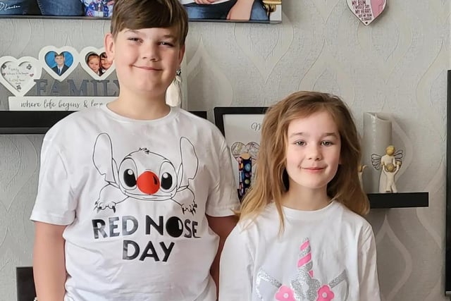 Noah, age 10, and Chloe, age 6, ready for Comic Relief.