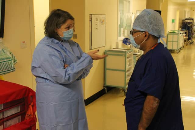 Jill Mortimer MP talks to staff in the operating theatres at the University Hospital of Hartlepool.