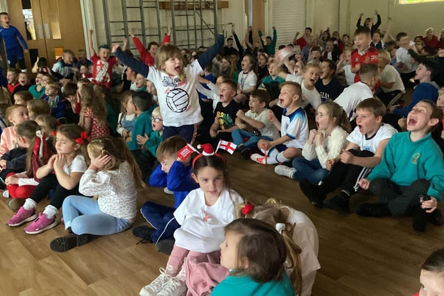 Clavering Primary School pupils after England score.
