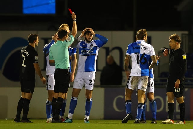 Cian Harries of Bristol Rovers is sent off by referee Craig Hicks during the Sky Bet League Two match between Bristol Rovers and Port Vale. Rovers have had a division high eight red cards this year.