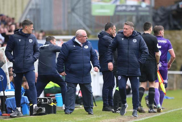 Stevenage manager Steve Evans argues with the fourth official over an alleged hand ball outside of the area from Hartlepool United goalkeeper Jakub Stolarczyk. (Photo: Mark Fletcher | MI News)