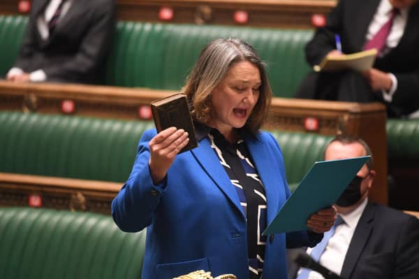Hartlepool's new Conservative MP Jill Mortimer swearing the oath of allegiance to the Queen as she appeared in the chamber ahead of the Queen's Speech debate. Photo: PA Wire.