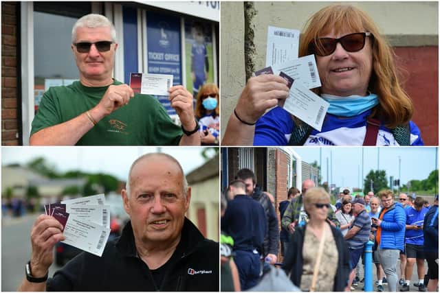 Some of the first season ticket holders to get their tickets for Sunday's play-off final. Clockwise Dennis Bates, Christine McCann, Ged O'Hare and fans in the queue.