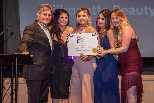 Silhouette Beauty Rooms receive their certificate for Most Wanted Salon in the North East at the English Hair and Beauty Awards in 2018. On stage was Samantha Lewis, Emma Woolston, Skye Gooding and Ria Smith. (Photo HUXstudio 2017)