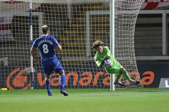 Ben Killip of Hartlepool United saves at his near post during the Vanarama National League match between Hartlepool United and Torquay United at Victoria Park, Hartlepool on Saturday 31st October 2020. (Credit: Mark Fletcher | MI News)