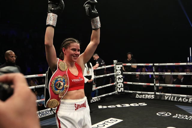 Savannah Marshall raises her arms in victory over Belgium's Femke Hermans in Newcastle. Picture by Martin Swinney