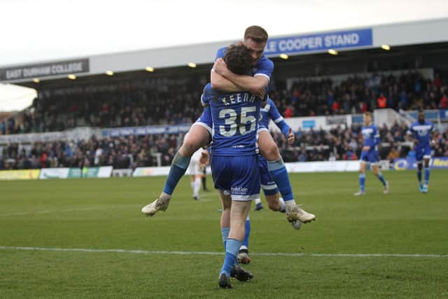 Hartlepool United's Aidan Keena celebrates after scoring their first goal during the Vanarama National League match between Hartlepool United and Stockport County at Victoria Park, Hartlepool on Saturday 25th January 2020. (Credit: Mark Fletcher | MI News)