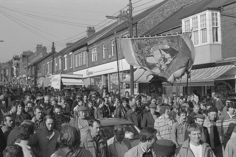 A demonstration passes through Easington in October 1984.