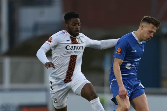 Barnet's JJ Hooper in action with Hartlepool United's Tom White  during the Vanarama National League match between Hartlepool United and Barnet at Victoria Park, Hartlepool on Saturday 27th February 2021. (Credit: Mark Fletcher | MI News)