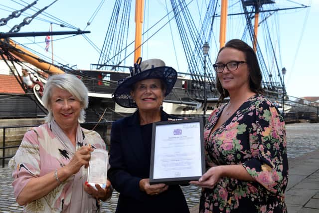 Hartlepool Carers are presented with the Queens Award for Voluntary Services from Her Majesty's Lord-Lieutenant Sue Snowdon. The award was presented to CEO Christine Fewster-Smith and Trustee Dr Angela Brown, left.