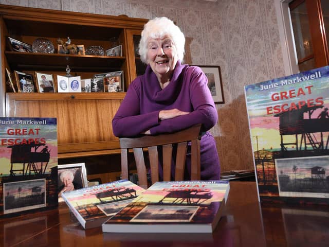 Author June Markwell with her recently repubished book revealing the story of the links between Hartlepool and the Great Escape.