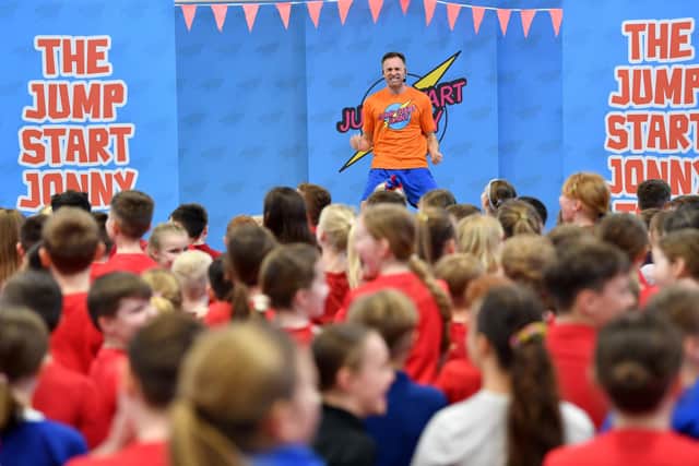 Throston Primary School pupils keep fit during a session run by global fitness coach and entertainer, Jump Start Jonny.