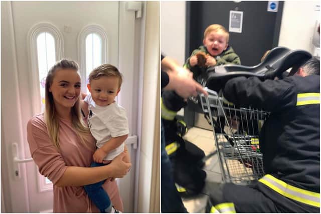 Ayleigh Robinson and son Austin Goodwin. Right: Austin being freed by firefighters after getting stuck in a trolley