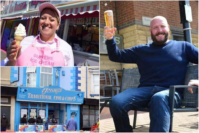 Clockwise from left: Zara Bowman of Supreme Ice Cream in Seaton Carew, John-Paul Maynard from JP's Bar at Hartlepool marina and visitors queuing outside Youngs fish and chip shop at Seaton.
