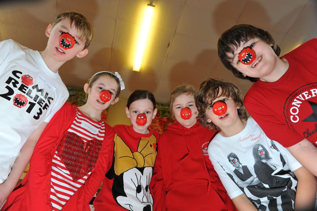 Callum Bomersbach, Rebecca Swales, Maddie Rush, Georgia Emerson, Ethan Lowe and Josh Sweeting celebrate Red Nose Day in 2013.