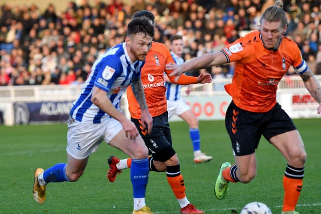 Hartlepool united striker Jordan Cook will miss the remainder of the season after picking up a thigh injury in the goalless draw with Oldham Athletic. Picture by FRANK REID