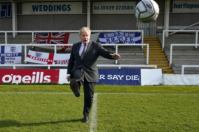 Boris Johnson showing off his football skills during a visit to Hartlepool United on April 23.