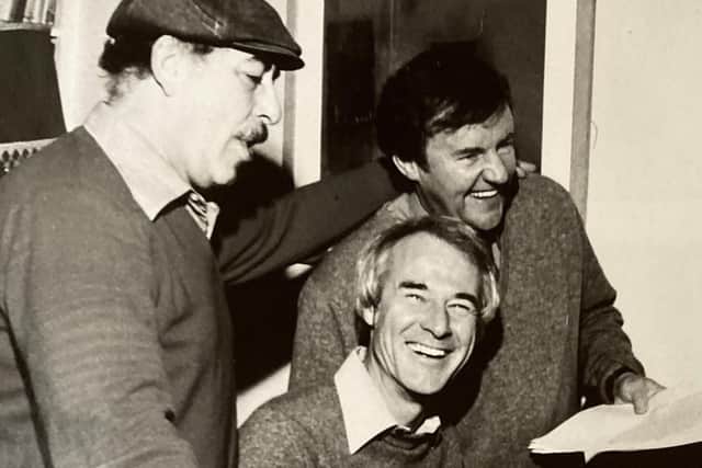 Jim Parker (centre) rehearsing with Alfred Marks and Richard Briers in 1981 for the Gala Victorian Evening with the Nash Ensemble at Queen Elizabeth Hall, London./Photo: Suzie Maeder/PA Wire