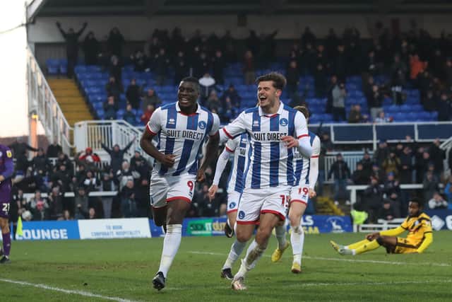 Hartlepool United's Josh Umerah celebrates after scoring their first goal during the League Two match between Hartlepool United and Rochdale. (Credit: Mark Fletcher | MI News)