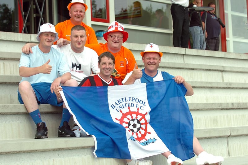 Hartlepool United fans at the Almere pre-season friendly game in Holland in 2010. Rear, Jock Dowd. Middle, left to right, Lee Stockton, James Stockton and Frankie Stockton. Front, left to right, Alan Sanderson and Terry Nunn. Picture by FRANK REID.