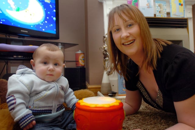 Luke Blackwood enjoys his first Christmas with mum Sharon Powell in 2008.