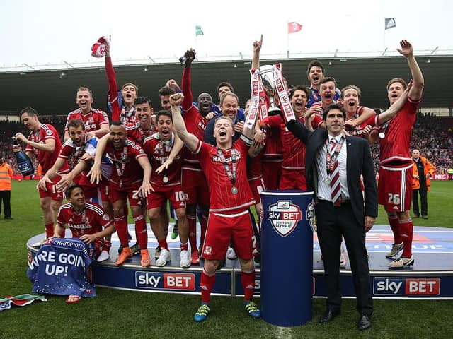 Aitor Karanka and captain Grant Leadbitter lift the trophy after Middlesbrough were promoted to the Premier League in 2016.