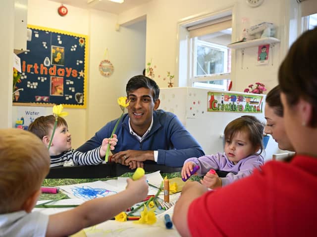 Prime Minister Rishi Sunak during a visit to Aldersyde Day Nursery in Hartlepool as the first parents in England start to benefit from 15 hours of taxpayer-funded care for two-year-olds. Photo: Paul Ellis/PA Wire