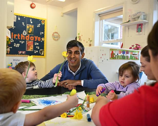 Prime Minister Rishi Sunak during a visit to Aldersyde Day Nursery in Hartlepool as the first parents in England start to benefit from 15 hours of taxpayer-funded care for two-year-olds. Photo: Paul Ellis/PA Wire