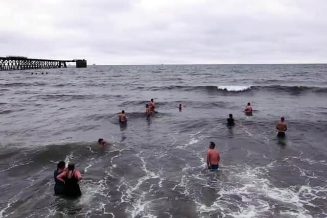Members of Hartlepool Ice Swims group by Steetley Pier. Picture by Peter Greig Photography
