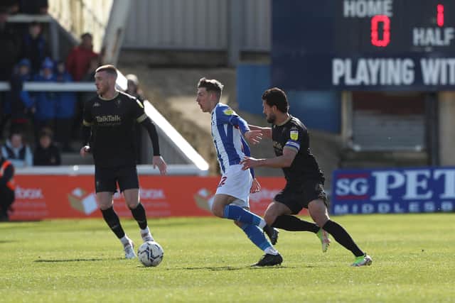 Joe Grey was brought off early in the second half of Hartlepool United's defeat to Salford City. (Credit: Mark Fletcher | MI News)